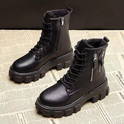 Laarzen Damesschoenen Gevoerd Leer Dameslaarzen Winter Grote Maat 35-41 Katoenen Schoenen Hoogte Dikke Zool Halverwege Kuitlaarzen Dames 35 black