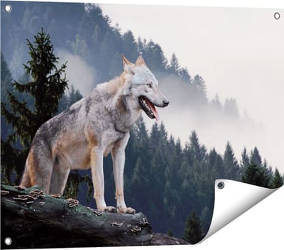 Gards Tuinposter Grijze Wolf in de Bossen - 80x60 cm - Tuindoek - Tuindecoratie - Wanddecoratie buiten - Tuinschilderij
