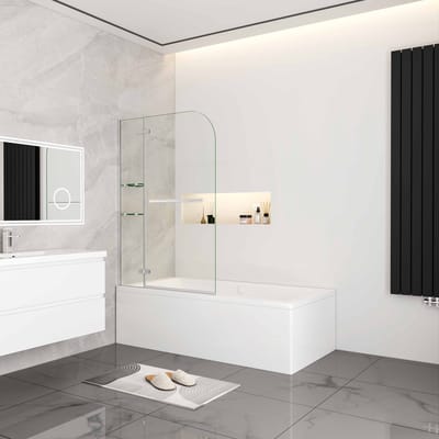 Aica Klassieke Badwand 120x140cm-Vast Paneel+Scharnierend Glas 6mm Transparant Gehard Glas-Chroom Frame-Met Plank en Handdoekhouder–Eenvoudige Montage