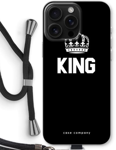 Case Company® - Hoesje met koord geschikt voor iPhone 16 Pro Max hoesje met Koord - King zwart - Telefoonhoesje met Zwart Koord - Bescherming aan alle Kanten en Over de Schermrand