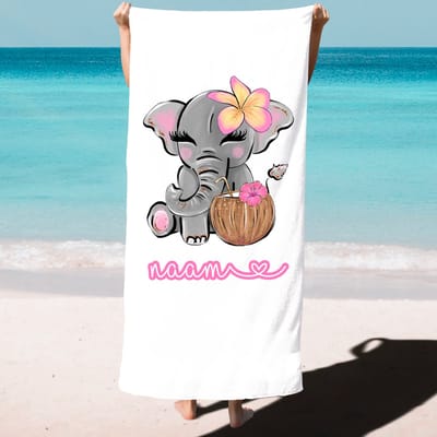 Strandlaken met naam en print - Badhanddoek met print - Badlaken gepersonaliseerd met naam - Zwemmen - Badlaken Olifant