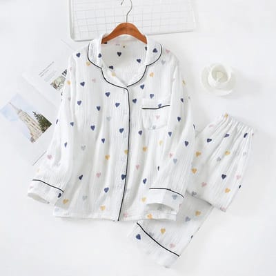 Lente, Zomer en Herfst Nieuwe Stijl Dames Pure Katoen Gaas Huiskleding Pak Lange Mouwen Broek Schattig Cartoon Pak voor Dames XL