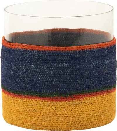 J-Line windlicht Rond Strepen - glas - donkerblauw/geel