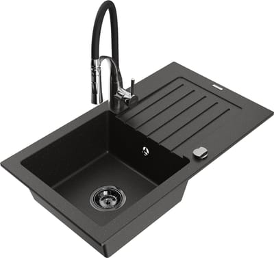 Mexen Pablo granieten spoelbak met 1 bak en afdruiprek en keukenmengkraan Aster, zwart/goud metallic - 6510-75-73450-07-B
