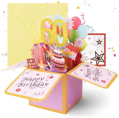 Dailygoods - OFFCUP 60e Verjaardagskaart 3d-Wenskaart Voor 60e Verjaardag Pop-Upkaart Met Envelop Gelukkige Verjaardag Verjaardagskaarten Verjaardagscadeau Voor Vrouwen Kinderen Vriendin Mannen (Goudroze)