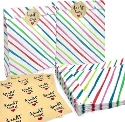 20 stuks gestreepte papieren zakjes voor snoep, cakezakken met 24 stickers, ideaal voor zoete traktaties, bruiloften, verjaardagen en feesten.