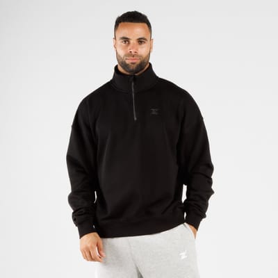 ZEUZ Heren Oversized Sweater 1/4 Zip – Comfort Hoodie zonder Capuchon - Zwart - S
