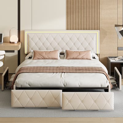 Gestoffeerd Bed 160x200 met Lades & LED – PU Leer Beige – Tweepersoonsbed met Opbergruimte – Boxspring Stijl – Bedframe met Hoofdbord