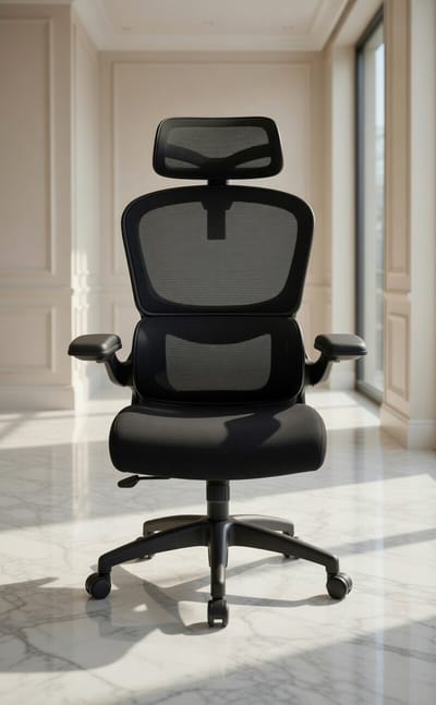 Ergonomische Bureaustoel Casa Serena - Verstelbare Managerstoel met Hoofdsteun, Lendensteun en Opvouwbare Fauteuils - Kantelbaar tot 135° - Zwart - Comfortabele Mesh & Schuim - Vakbekwaam tot 150 k...