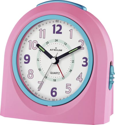 ATRIUM - Wekker - Kinderen - Meisjes - Jongens - Analoog - Zonder tikgeluid - LED-licht - Licht/ wijzerplaatverlichting - Glow-in-the-dark wijzers - Roze / Blauw - Opbouwend geluidniveau - Grote drukknoppen - Snooze - Slaapkamer - Klok - A921-17
