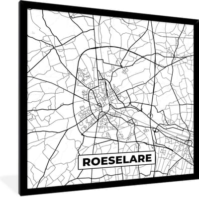 Fotolijst incl. Poster Zwart Wit- Stadskaart – Zwart Wit - Kaart – Roeselare – België – Plattegrond - 40x40 cm - Posterlijst
