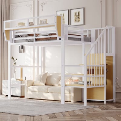 Hoogslaper 90x200 - Met Veiligheidsladder En Flexibele Opbergruimte - Metalen Bedframe - Wit