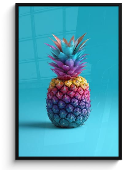 Poster in lijst - Fotolijst 80x120 cm - Posters - Ananas - Regenboog - Blauw - Popart - Posterlijst zwart - Decoratie - Wanddecoratie woonkamer - Muurdecoratie slaapkamer