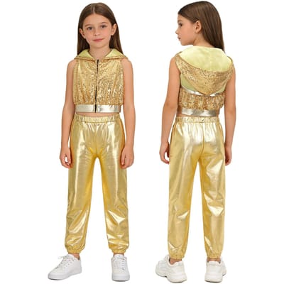 Kinderen Meisjes Hip-Hop Jazz Dans Modern Straat Kostuum Outfits Mouwloos Glanzende Pailletten Met Capuchon Crop Top met Metalen Broek 6 beige