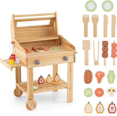 COSTWAY Kinderbarbecue met barbecue-accessoires, grill voor kinderen met rek en wielen, 25-delig. BBQ Grill speelset voor jongens en meisjes vanaf 3 jaar