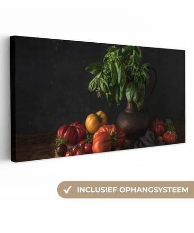 Canvas schilderij 40x20 cm - Wanddecoratie Stilleven - Tomaten - Basilicum - Schilderij - Groente - Zwart - Muurdecoratie woonkamer - Slaapkamer decoratie - Kamer accessoires - Schilderijen op canvas