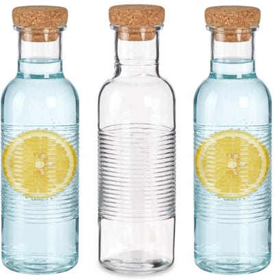 Pasabahce Waterfles met kurken dop - 3x -1070 ml - ribbel glas - D8 x H29 cm - Glazen drink flessen