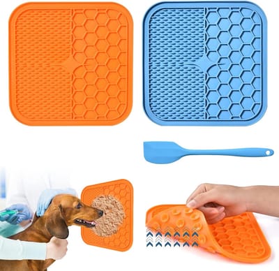 Famanu – Sleepmat voor honden met zuignap - 2 stuks lekmat voor honden - BPA-vrij - met 1 siliconen spatel - slowfeeder voor hondenbaden - trainen - vachtverzorging en klauwverzorging (klein), oranje+blauw