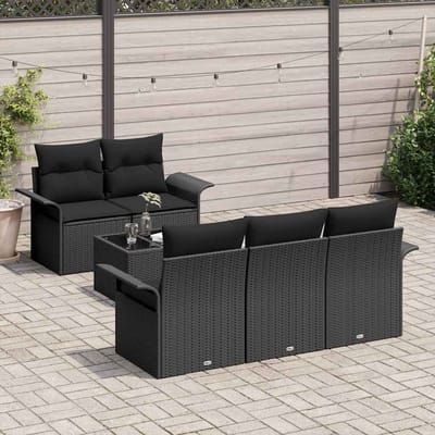 vidaXL Tuinbank Set met kussen 6 pcs Zwart Poly rattan, staal en glas