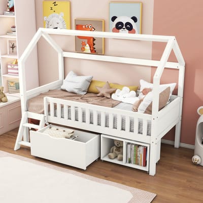 Kinderbed, tienerbed, 200x90 cm, met lades en opbergvakken, geschikt voor zowel jongens als meisjes, met valbeveiliging, wit.
