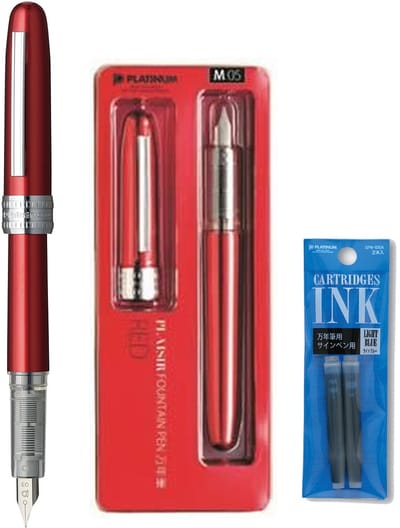 Platinum Japan - Plaisir Fountain Pen - FIJN - Vulpen - Rood - penpunt: fijn 03 - Met extra navullingen Lichtblauw