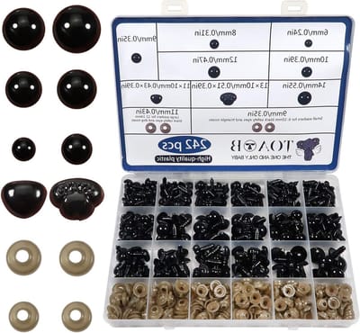 242 Stuks Veiligheidsogen met Wasringen 6mm 8mm 9mm 10mm 12mm 14mm Zwarte Plastic Ogen en Veiligheidsneuzen voor Amigurumi, Poppen en Haakprojecten