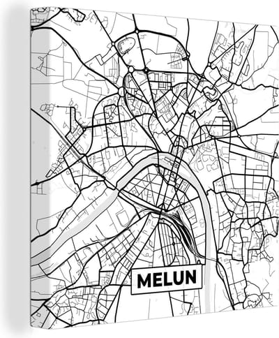 Canvas Schilderij Kaart – Melun - Stadskaart – Frankrijk – Plattegrond - Zwart wit - 20x20 cm - Wanddecoratie