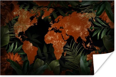 Poster 30x20 cm - Wereldkaart - Goud - Planten - Posters - Kamer decoratie - Wanddecoratie woonkamer - Muurdecoratie slaapkamer
