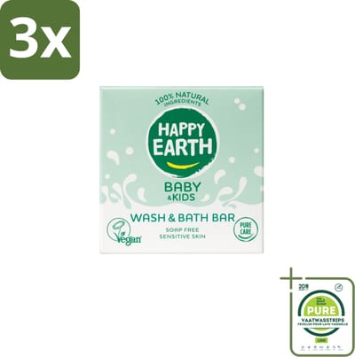 3 x Happy Earth – Wash & Bath Bar – 100% Natuurlijk Baby & Kids – 50 g - Grootverpakking - Baby Wasbar - Kind Badbar - Natuurlijke Wasbar - Zeepvrije Wasbar - Mild Wasbar