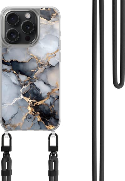 Hoesje met koord geschikt voor iPhone 13 Pro - Marble mist - Inclusief zwart koord - Crossbody beschermhoes - Transparant, Grijs, Goud - Mooie Telefoonhoesjes