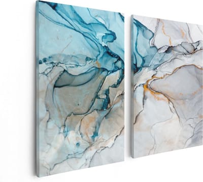 Artaza Canvas Schilderij Tweeluik Abstracte Kunst - Blauwe Grijze Marmer - 80x60 cm - Wanddecoratie Woonkamer - Schilderijen - Muurdecoratie
