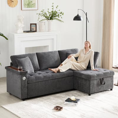 Moderne L-vormige sofa - met uittrekbare slaapbank - opbergruimte - USB-oplaadpoort - armleuningopslag en kussens - donkergrijs