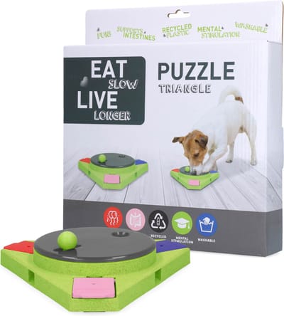 Eat Slow Live Longer Puzzel Triangle - Uitdagende Hondenpuzzel - Hondenspeelgoed – Beloning – Intelligentie Speelgoed voor Honden – Interactief - Voerbak met Antislipvoetjes – Te vullen met snacks - 25 x 25 x 4 cm