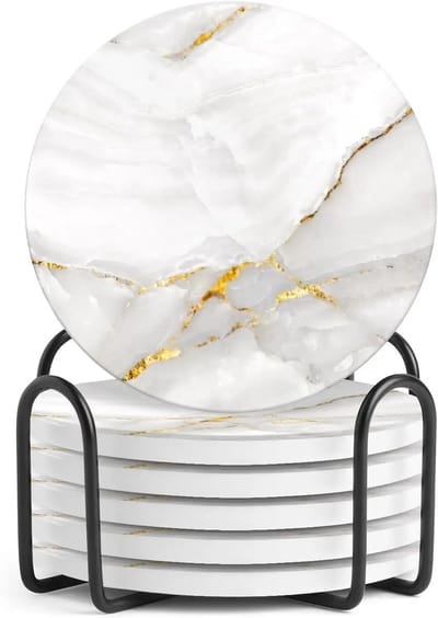 Onderzetters voor glazen – Designvolle Keramische Onderzetters met houder – set van 6 – Calacatta gold