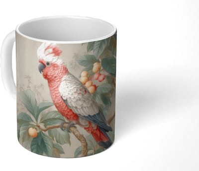 Mok - Koffiemok - Roze kuifkaketoe - Tak met vruchten - Bladeren - Mokken - 350 ML - Beker - Koffiemokken - Theemok
