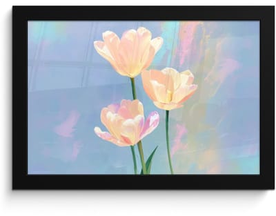 Poster in lijst - Fotolijst 30x20 cm - Posters - Tulpen - Roze accenten - Blauw - Posterlijst zwart - Decoratie - Wanddecoratie woonkamer - Muurdecoratie slaapkamer