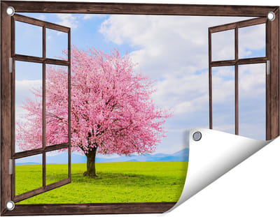 Gards Tuinposter Doorkijk Roze Sakura Bloesem Boom in het Groene Veld - 60x40 cm - Tuindoek - Tuindecoratie - Wanddecoratie buiten - Tuinschilderij