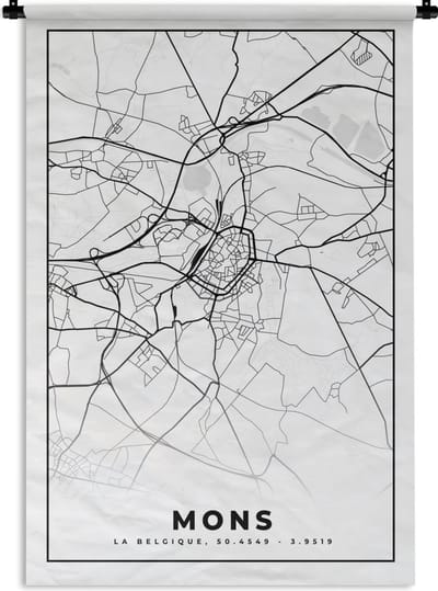 Wandkleed - Wanddoek - Kaart – Plattegrond – Stadskaart – Mons – België – Zwart Wit - 120x180 cm - Wandtapijt