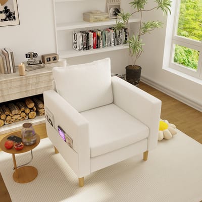 DESMIU Fauteuil 71 x 68 x 82 Cm - Met Zijvak En Comfortabel Kussen - Voor Leeshoek En Woonkamer - Chenille - Beige