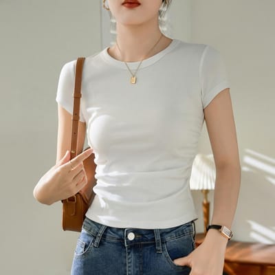 Puur Katoenen T-shirt voor Dames Zomer Korte Mouw Nieuw Taille-omsluitend Kort Slim Basis T-shirt L white