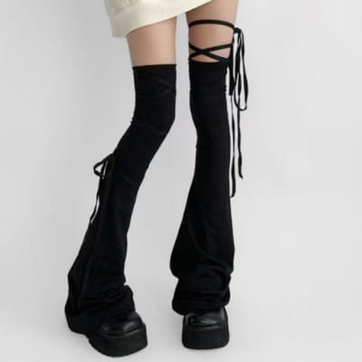 Damesmode Beenwarmers Lente Dunne Voetbedekking Lange Sok Jk Meisjes Effen Kleur Over de Knie Strik-Up Hoge Dij Hoge Voet Sokken One Size black