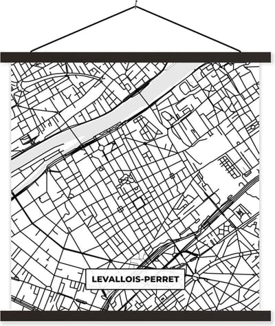 Posterhanger incl. Poster 60x60 cm - Schoolplaat - Levallois-Perret - Stadskaart - Plattegrond - Kaart - Frankrijk - Zwart wit - Textielposter - Zwarte latten - Stadskaart