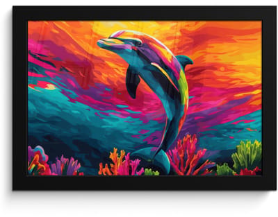 Poster in lijst - Fotolijst 30x20 cm - Posters - Dolfijn - Kleurrijk - Oceaan - Koraal - Posterlijst zwart - Decoratie - Wanddecoratie woonkamer - Muurdecoratie slaapkamer