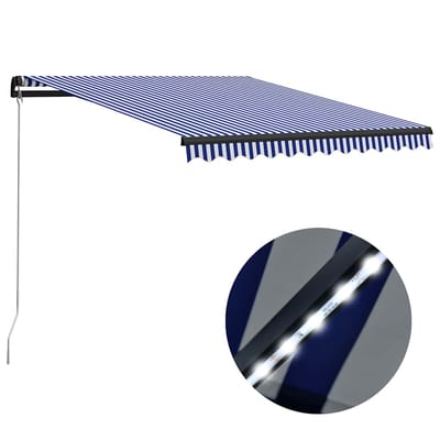 vidaXL - Luifel - handmatig - uittrekbaar - met - LED - 300x250 - cm - blauw - en - wit