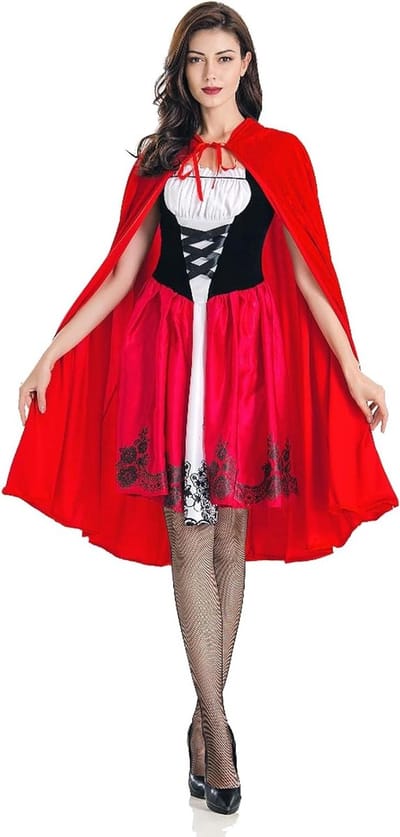 Vrouwelijk Roodkapje Kostuum voor Carnaval en Halloween met Rode Cape en Zwarte Kousen voor Feestelijke Cosplay