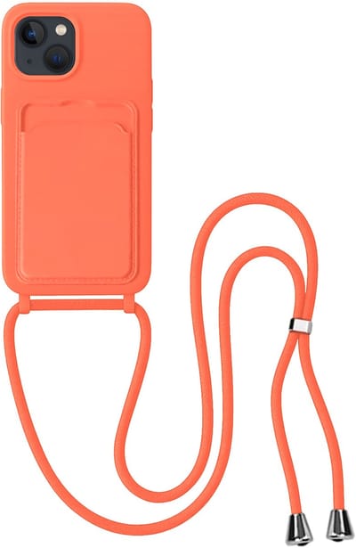 Hoes Geschikt voor iPhone 13 Hoesje Pas Houder Case Hoes Met Koord - Hoesje Geschikt voor iPhone 13 Hoes Met Telefoonkoord Pasjeshouder Cover - Papaya