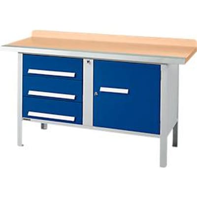 Box-type werkbank Schäfer Shop Select PWi 150-4, beuken multiplex plaat, met stalen rand, tot 750 kg, B 1500 x D 700 x H 840 mm, gentiaanblauw