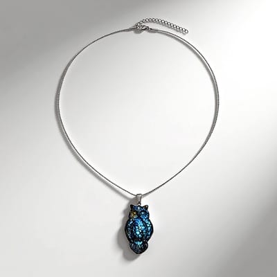 Cavill - Halsketting Edelstaal - Labradoriet 52,5 ct Madagaskar - Verstelbare Ketting 45-50 cm - Elegante Uil Hanger - Trendy Blauwe Edelsteen