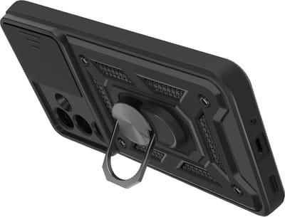 Mayaxess, Hoesje Geschikt voor Samsung Galaxy A16 Ring Support Glijdende Camera Cover, Zwart