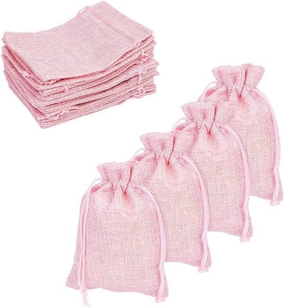 Set van 50 roze jute zakjes voor bruiloft, verjaardag, babyshower - herbruikbare geschenkzakjes van linnen en hennep - 13,5 x 9,5 cm.